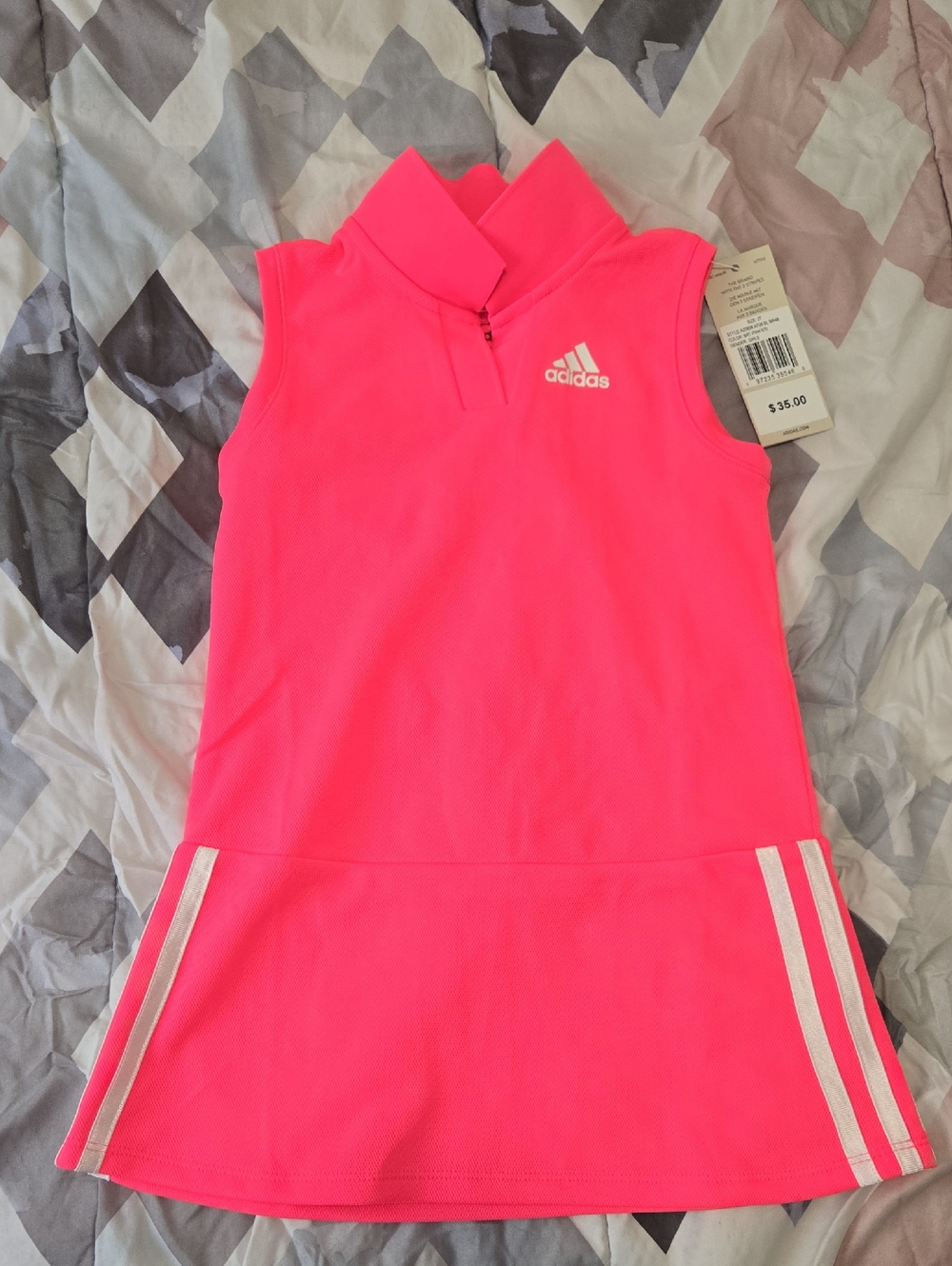 adidas Neon Pink Sleeveless Girls Tank Dress with White Stripes